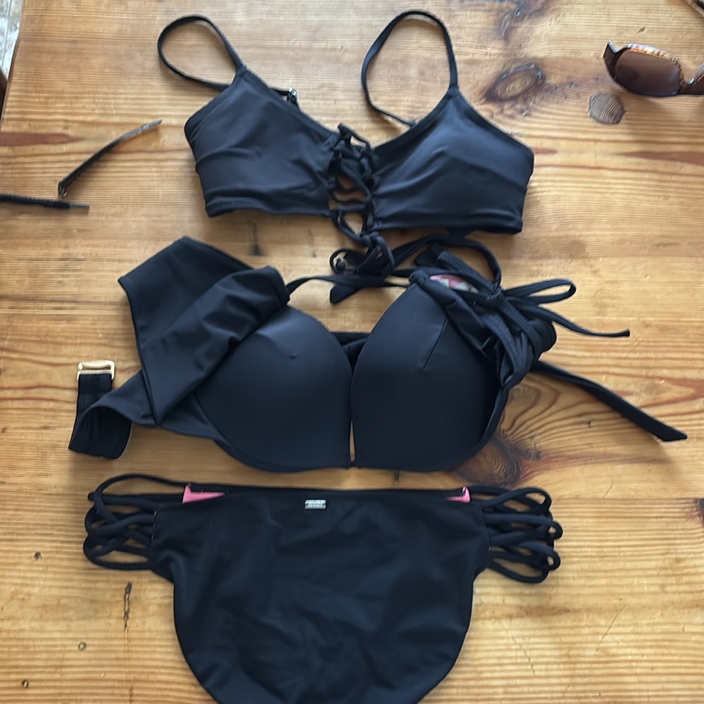 PINK Victoria's Secret Black Bikini w/ Strappy Details AND extra H&M top size 8